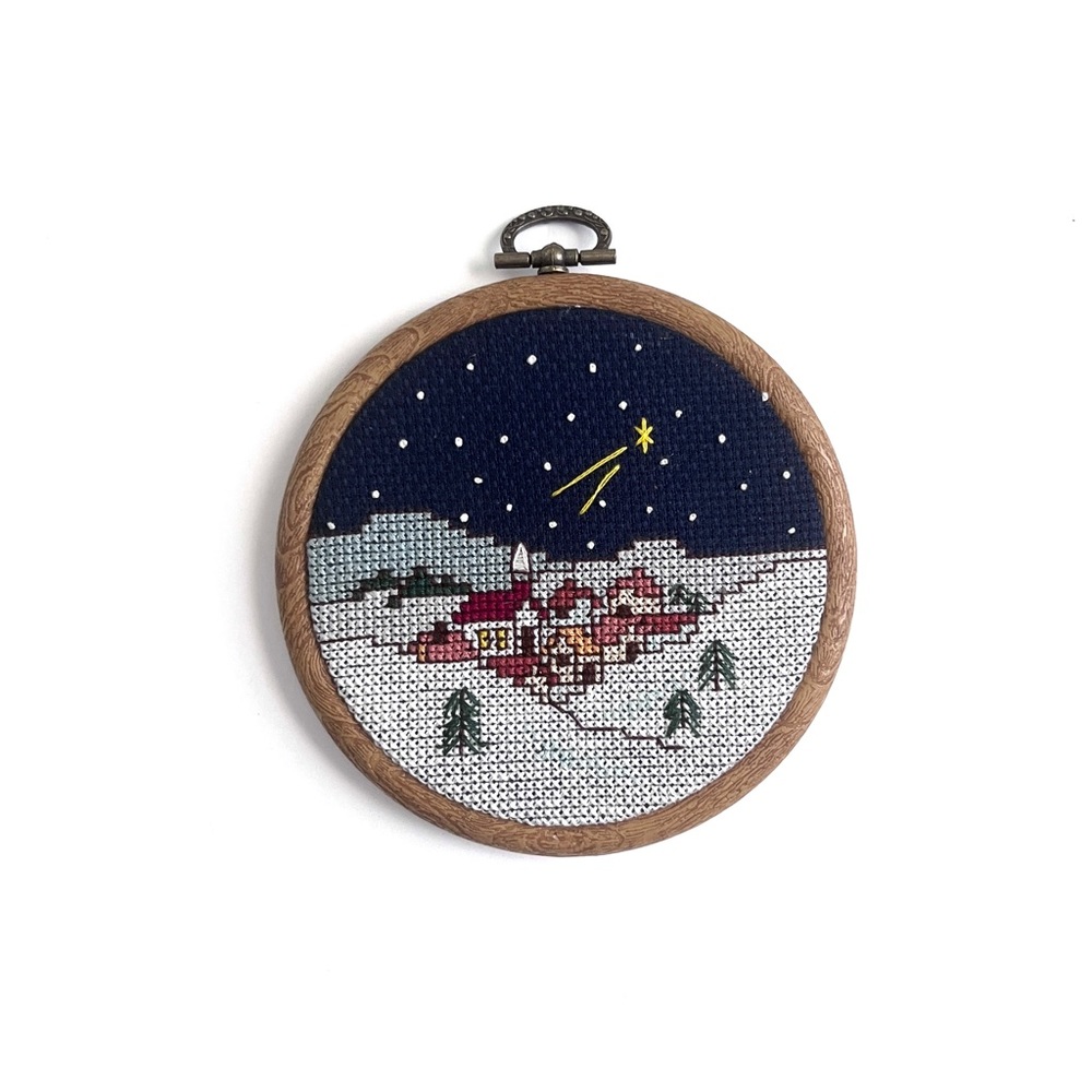 Needlepoint Christmas Ornament Small Framed Round Winter Trees Bethlehem